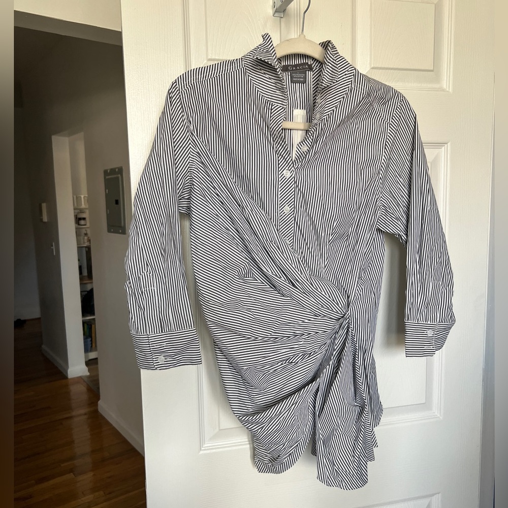 Gracia Black & White Striped Wrap-Front Button Shirt